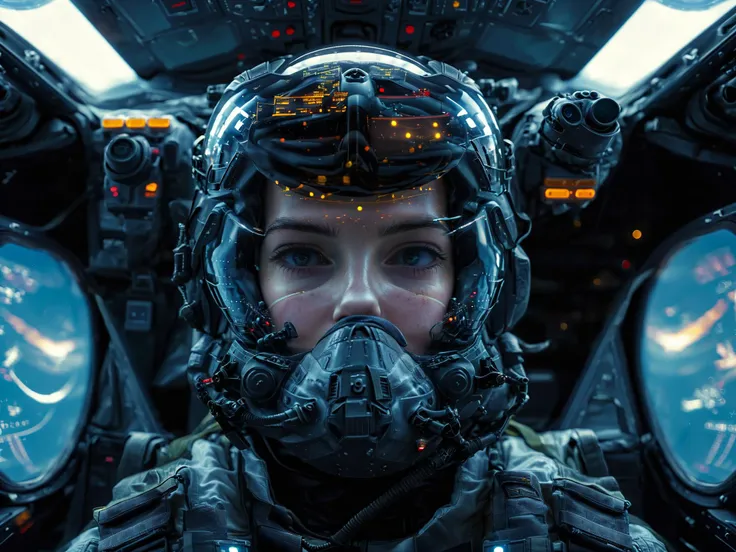 from front, A female jet fighter pilot from the future wearing a pilot helmet with LED interactive screen and HUD heads-up display on the visor, target system displayed on the visor, communication system, oxigen tube, sitting inside a F35 cockpit, jet flying in sky, cockpit view, cinematic scenes, cinematic shots, cinematic lighting, volumetric lighting, ultra-detailed, highly detailed, hyper-detailed, realistic, ultra-realistic, hyperrealistic, HD, IMAX, 8K resolutions, ultra resolutions, sharp focus, magnificent, best quality, masterpiece,