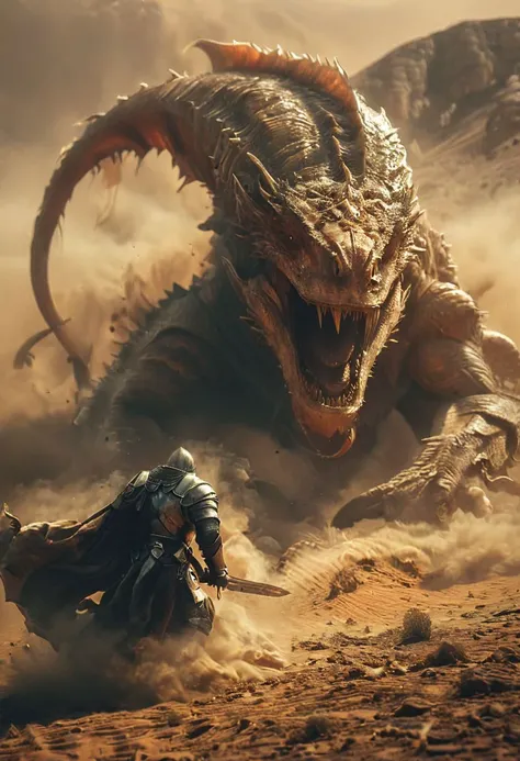 amazing quality, masterpiece, best quality, hyper detailed, ultra detailed, UHD, perfect anatomy, portrait, dof, hyper-realism, majestic, awesome, inspiring, Bosstyle, an antiny knightess Fighting a giant fleshy lindworm in Dusty Desert, atmospheric haze, cinamatic composition, soft shadows, national geographic style