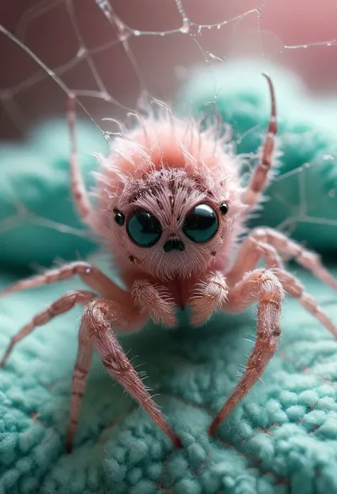 amazing quality, masterpiece, best quality, hyper detailed, ultra detailed, UHD, perfect anatomy, portrait, dof, hyper-realism, majestic, awesome, inspiring, perfect Spider web with fluffy cute pink turqoise striped hairy smol animal zhibi spider in it, bed room, cinamatic composition, soft shadows, national geographic style