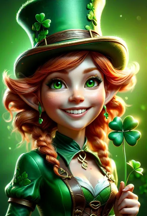 score_9, score_8_up, score_7_up, best quality, clean image, (depth of field:1.2), 4k uhd, hdr, highly detailed, dynamic lighting, unreal engine, dynamic colors, dim green glow, masterpiece, (cartoon character), (female leprechaun elf:1.1), top hat, flowing red hair, (bright green eyes), smile, (freckles, blush, lustrous skin), offering viewer a four-leaf clover, holding a shamrock, realistic, extremely detailed, zPDXL, ral-dissolve,