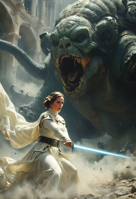 amazing quality, masterpiece, best quality, hyper detailed, ultra detailed, UHD, perfect anatomy, portrait, dof, hyper-realism, majestic, awesome, inspiring, Bosstyle, princess Leia Fighting a giant electrical imperator, cinematic composition, soft shadows, national geographic style