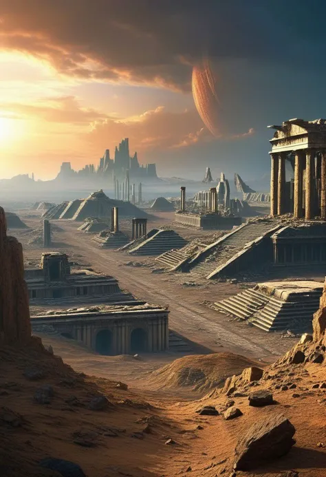 the surface of an unexplored distant planet with the ruins of an ancient civilization, an apocalyptic spectacle, a masterpiece of high detail