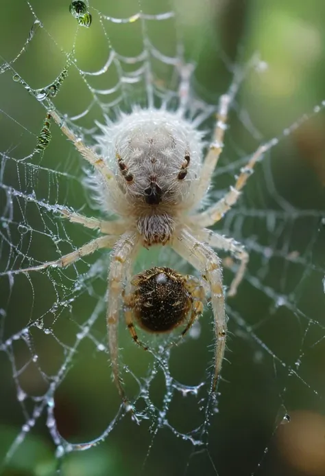 amazing quality, masterpiece, best quality, hyper detailed, ultra detailed, UHD, perfect anatomy, portrait, dof, hyper-realism, majestic, awesome, inspiring, wet Spider web with fluffy cute white hairy spider in it, morning forrest, cinamatic composition, soft shadows, national geographic style