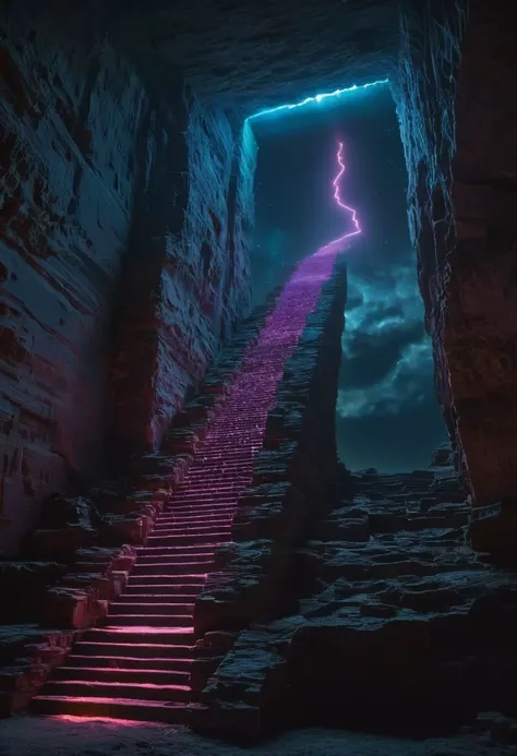 Neon Gradient ascii_art, Photographer Reuben Wu Style, amazing quality, masterpiece, best quality, hyper detailed, ultra detailed, UHD, perfect anatomy, portrait, dof, hyper-realism, majestic, awesome, inspiring, glowing stairway to heaven light object in the DARK Sky, devouring the Last Rays of sunlight, cinematic composition, soft shadows