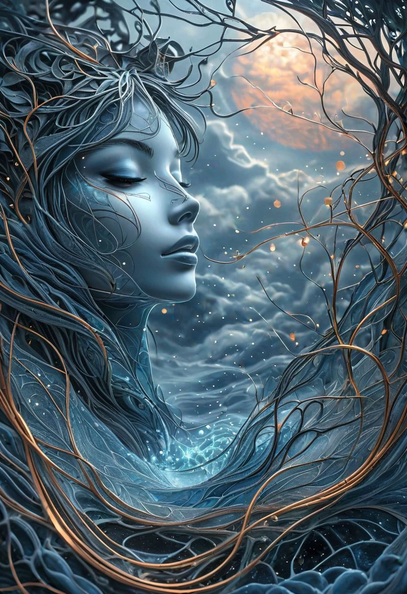 Beautiful ink drawing, Top-down view, amazing mesh figure, neurographics, small spaces between the lines, filled with watercolors in dusty blue and peach tones, the main element of neurographics is a long curved line, intersecting itself many times, rising along a vine or crack in stone or lightning, centered, alcohol ink splashes, super realism with super detail in 8K, divine proportions, intricate and cinematic with stunning atmosphere with high detail, fantastic realism and sharp focus, mysterious filigree elements, luminous accents, perfect composition against complex backgrounds, super clarity , 3D, Atmospheric, Ultra-thin, breathtaking surreal masterpiece. Art by Ayami Kojima, Hiroaki, aesthetics by Marika Kono, Toru Asakura. manga+ style. Studio Ghibli Genshin Impact