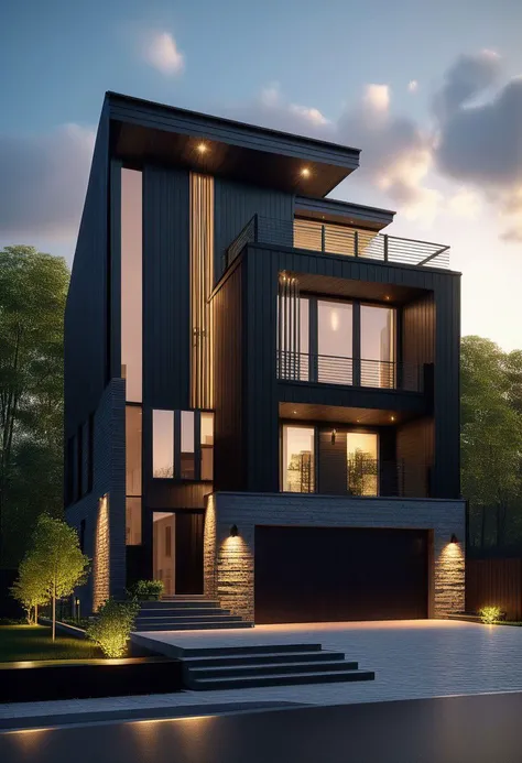 Highly detailed illustration Photorealistic rendering of contemporary house at dawn, slim limestone brick, black wood siding, dramatic exterior lighting, architectural photography, 8k, unreal engine ((masterpiece)), ((detailed)), ((beautiful)), ((realistic)), ((4k)), ((8k))