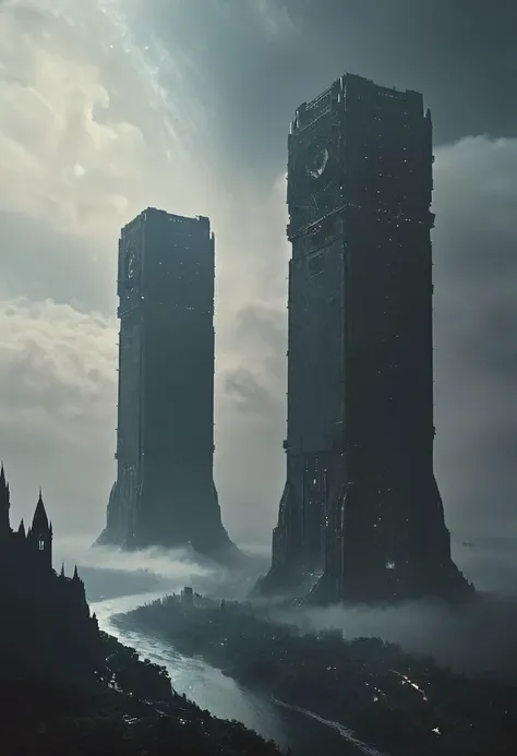 Seen from Outer space, floating in space, A Planet floating in outer space, with two dark towering modern-medieval towers standing side by side, reaching into the high clouds, connected by a bridge of some sort. Incorporate modern elements and windows into their design.
atmospheric haze, Film grain, cinematic film still, highly detailed, high budget, cinemascope, moody, epic, OverallDetail, gorgeous, 2000s vintage RAW photo, photorealistic, candid camera, color graded cinematic, eye catchlights, atmospheric lighting, skin pores, imperfections, natural, shallow dof,