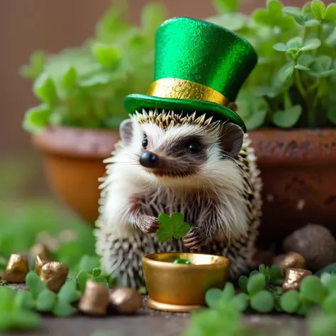 Adorable hedgehog wearing a tiny (vibrant green leprechaun hat), (soft focus), cuddled next to a pot of gold smaller than a thimble, surrounded by miniature clovers, (f-stop 2.8), (focal length 50mm) macro lens f/2.8, captured with a (Sony A7R III), embodying the spirit of St. Patrick's Day, irresistibly cute