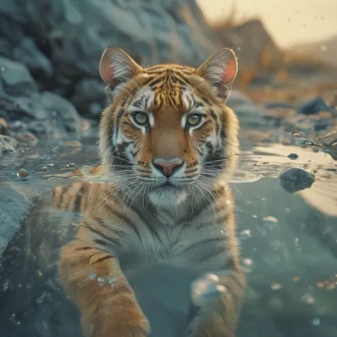 golden tabby tiger, fissure in the ground, droplets of the divine, analog, gloomy hypnosis, hazy daydream, photorealistic surrealism graphic art, analog equipment, iridescent labradorite, BREAK hanzi character, crystalline biotope, mineral, watery lens, delicate torn photo, film grain, double exposure, best quality, masterpiece <lyco:GPTS5 Heavy_387306:1.0>