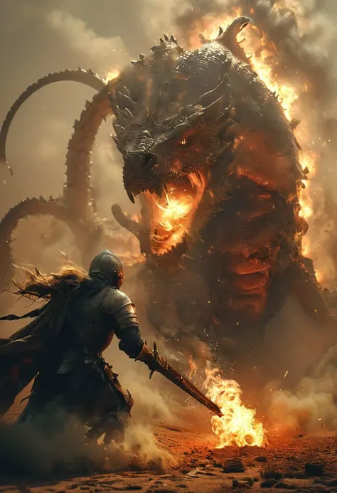 amazing quality, masterpiece, best quality, hyper detailed, ultra detailed, UHD, perfect anatomy, portrait, dof, hyper-realism, majestic, awesome, inspiring, Bosstyle, a tiny knightess Fighting a giant fleshy lindworm in Dusty Desert, spitting fire and poison, atmospheric haze, cinematic composition, soft shadows, national geographic style