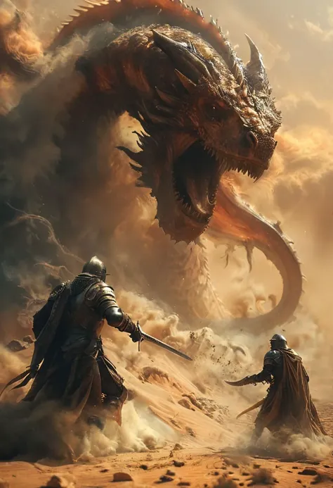 amazing quality, masterpiece, best quality, hyper detailed, ultra detailed, UHD, perfect anatomy, portrait, dof, hyper-realism, majestic, awesome, inspiring, Bosstyle, an antiny knightess Fighting a giant fleshy lindworm in Dusty Desert, atmospheric haze, cinamatic composition, soft shadows, national geographic style