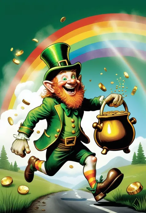 A leprechaun running to the end of the rainbow holding a pot of gold