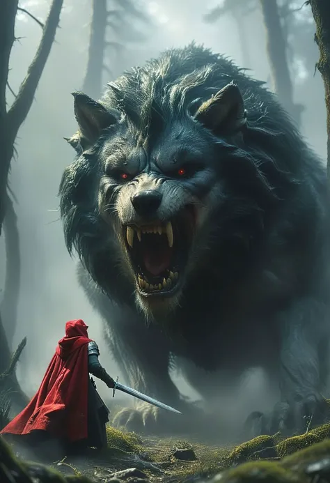 amazing quality, masterpiece, best quality, hyper detailed, ultra detailed, UHD, perfect anatomy, portrait, dof, hyper-realism, majestic, awesome, inspiring, Bosstyle, Capture the climactic showdown between Little Red Riding Hood and the Big Bad Wolf, where the horror wolf, cunningly disguised as dear creepy grandmother but revealed with snarling teeth and tousled mane, emerges as the ultimate end boss. Let the battle for the forest's fate unfold in this epic encounter!, atmospheric haze, cinematic composition, soft shadows, national geographic style