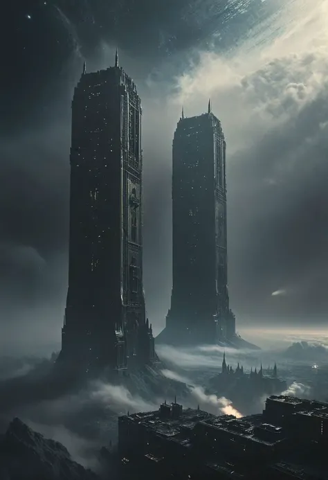 Seen from Outer space, floating in space, A Planet floating in outer space, with two dark towering modern-medieval towers standing side by side, reaching into the high clouds, connected by a bridge of some sort. Incorporate modern elements and windows into their design.
atmospheric haze, Film grain, cinematic film still, highly detailed, high budget, cinemascope, moody, epic, OverallDetail, gorgeous, 2000s vintage RAW photo, photorealistic, candid camera, color graded cinematic, eye catchlights, atmospheric lighting, skin pores, imperfections, natural, shallow dof,