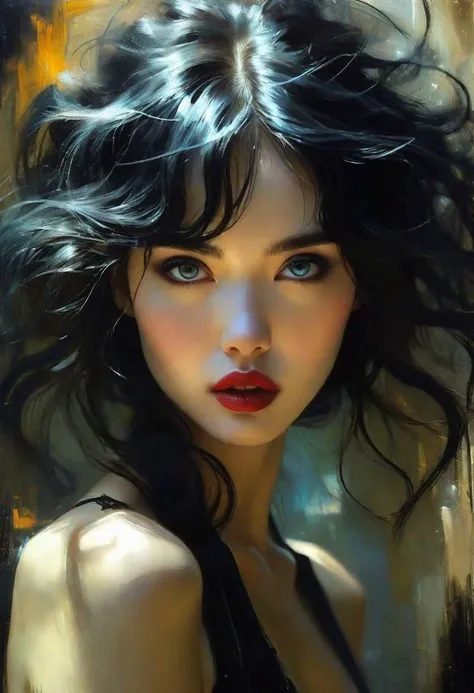 The Gothic girl in the style of Casey Baugh and David Choe, the muse of Gothic in the dark, mysterious and charming. With magical grey eyes and flowing black hair, she radiates mystery. A combination of realism and abstraction, a play of light and shadow. Fine lines, soft tones.