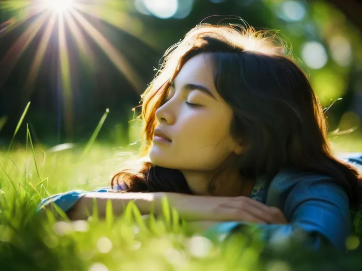 In a sylvan glad, where flowers grow in abundance, a raven-haired beauty slumbers in the grass, her face upturned to the sun that penetrates in dappled light, Chiaroscuro, lens flare, face down,