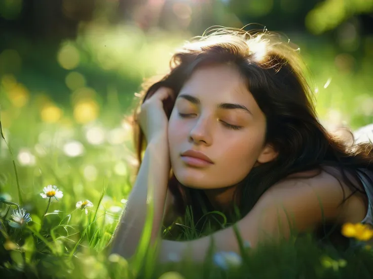 In a sylvan glad, where flowers grow in abundance, a raven-haired beauty slumbers in the grass, her face upturned to the sun that penetrates in dappled light, Chiaroscuro, lens flare, face down,