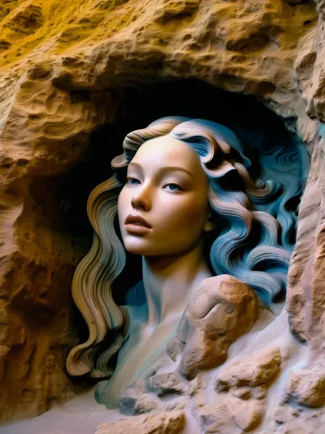 In the wall of a dark cave is carved the exquisitely detailed image of a beautiful woman,