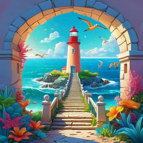 Ocean visible through an archway, lighthouse,  birds, stairs,

cartoon fantasy style, 3d, sharp focus, vivid colors,