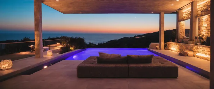 VRBO AirBnB award winning listing, instagram influencer architectural design, party house, infinity swimming pool, travertine tile, natural colors, browns and grays, BOHO styling, Malibu coast in the background, twilight sunset, (purple:0.8) LED lighting, (staged furniture:0.6), professional landscape design, ultra modern, mansion, floor to ceiling windows, natural lighting, masterpiece, wide angle, string lights, magical, five stars! LUX LUT