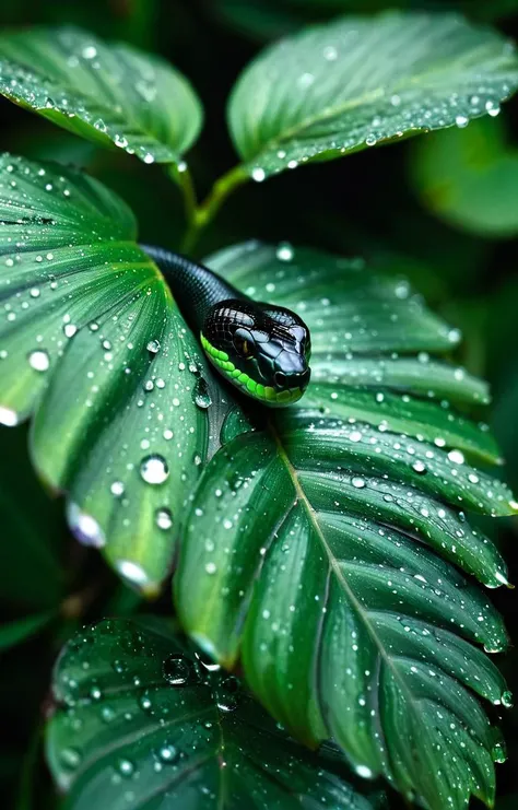 25mm, black snake (green metallic shimmer:1.25), drops of water on the petals, drops of water on the leaves, tilt shift, sharp focus, intricate details, cozy, cinematic warm light, (multicolor:0.7), (noir:0.35), detailed