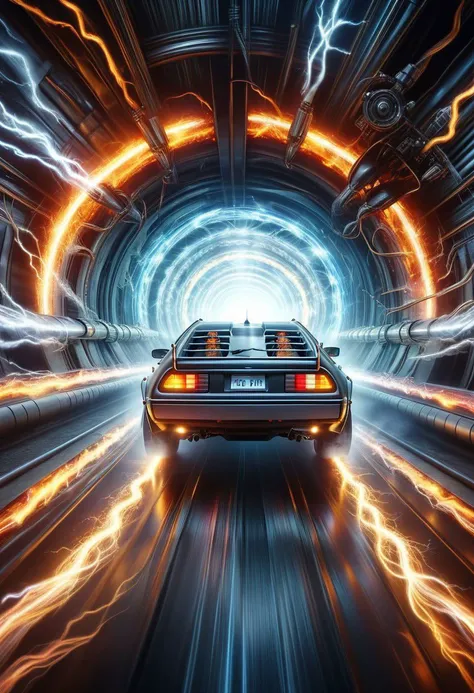 masterpiece, best quality, 4K, 8K, ultra detailed background, delicate pattern, complex detailed background, studio lighting, fantastic,
ral-elctryzt, Back to the Future, car, time tunnel,