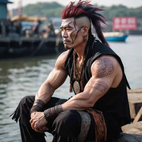 tribal style muscular Cosplayer Father, the Father is Mundane, Sitting in a Waterfront, dressed in Beautiful Vulgar [Punk clothing:Dandong:11], his hair is Arcane, indigenous, ethnic, traditional patterns, bold, natural colors, highly detailed