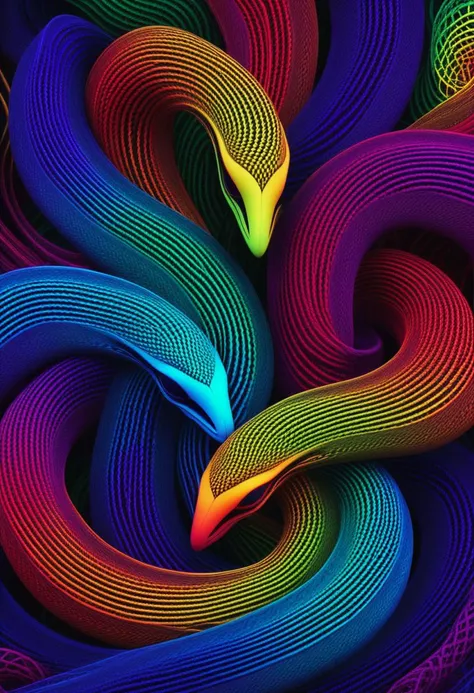 An Abstract surreal demon Portrait Made of intertwining snakes, weaving over and under each other throughout the frame, emphasis effect, moire effect, awash in colorful shades, seamlessly extends the lines,
