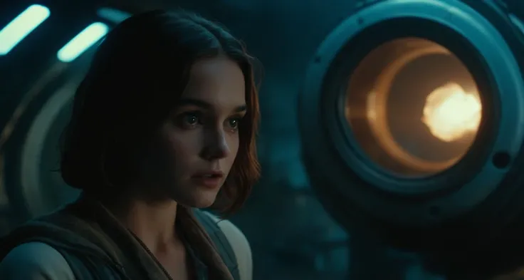 cinematic shot, closeup 3/4 view, a (scared:1.8) teenage girl (long bob brunette hair:1.1) (hiding between densely packed leaking pipes:1.1) in a (abandoned and broken derelict sci-fi spaceship:1.1), (looking over her shoulder:1.1). Steam, intricate background. sci-fi horror movie, moody, dimly lit, soft lighting, backlit, cinematic film still (eerie blue lighting:1.3), shallow depth of field, vignette, extremely detailed, high budget Hollywood movie, cinemascope, (film grain:0.3)