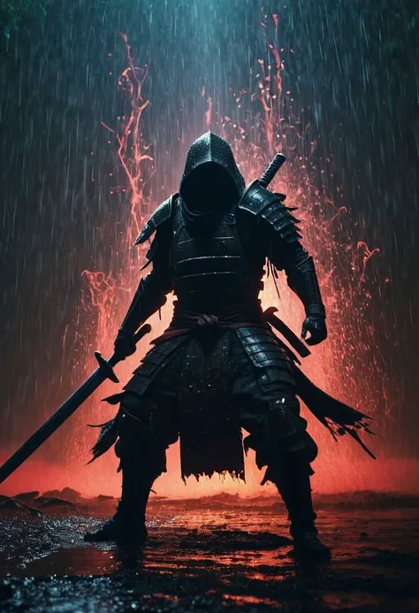 a man in a black outfit holding two swords standing in the water