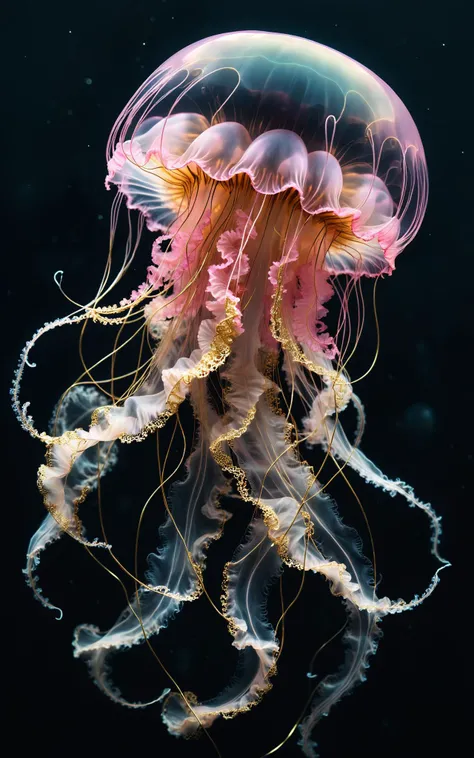photo RAW, (Black and pink : a ghostly jellyfish, shiny aura, highly detailed, gold filigree, intricate motifs, organic tracery, by Android jones, Januz Miralles, Hikari Shimoda, glowing stardust by W. Zelmer, perfect composition, smooth, sharp focus, sparkling particles, lively coral reef background Realistic, realism, hd, 35mm photograph, 8k), masterpiece, award winning photography, natural light, perfect composition, high detail, hyper realistic<lora:xl_more_art-full_v1:0.5>