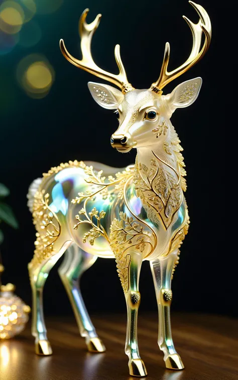 extremely delicate iridiscent deer made of glass, translucent, tiny golden accents, beautifully and intricately detailed, ethereal glow, whimsical, art by Mschiffer, best quality, glass art, magical holographic glow<lora:xl_more_art-full_v1:0.5>