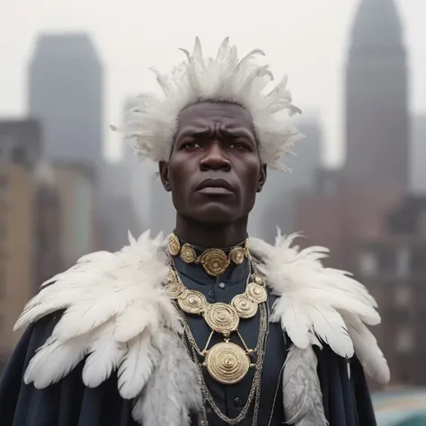 action figure of a Artistic Grouchy rotund Ivorian (Janus:1.3) , Tailor, dressed in Classic 1960'S Feather Cloak, glamour pose, Janus has Platinum hair, Messy hair, Janus has a Attractive Mechanical Arms and amulet, warm cityscape, Foggy conditions, Dynamic, Manic, macro lens, Spirals, pixiv