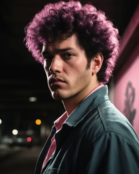 Vector Art, detailed, Spellbinding overweight South African (Spike Spiegel:1.1) Royalty, best quality, looking towards camera, his hair is Pink, Britpop TaishM Era Tattoos, at [Dieselpunk|Elite] Underpass, Wide view, Rough sketch, Dark, cinematic lighting, telephoto lens, Polychromatic, (by Frank Holl:1.1), digital cinematic color grading natural lighting cool shadows warm highlights soft focus actor directed 4k IMAX cinematography dolbyvision