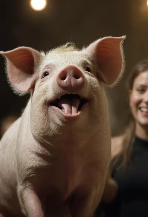 Graceful Pig, Singing in a choir, Playing with Hair, Ektachrome, Romantic, Realism, flat lighting, gilded technique, DOF, bokeh  Milos Nejezchleb and by Alfred Stevens, Smiling happily