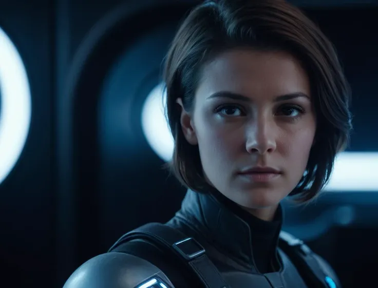 (extreme closeup shot 3/4 view:1.1) cinematic still, young female in a cockpit of a (high-tech sci-fi futuristic:1.1) spaceship pilot with ((((short))) messy brunette hair:1.1) (Sympathetic expression:1.8). (Dark space outside of cockpit windows:1.1), soft lighting, backlit. Cinematic film still, shallow depth of field, (vignette, extremely detailed skin texture:1.1), film grain, high budget Hollywood movie, bokeh, cinemascope, moody