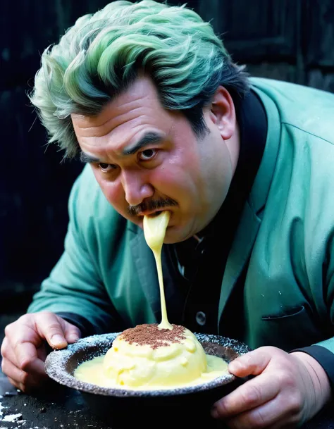 photograph, ground level shot of a Enthralling Pastel hefty Man eating pudding a la mode, Edo Period hairstyle, Spring, horizon-centered, Cel shading, Dark, Slimepunk, key light, film grain, compact camera, macro lens, dslr, 64K