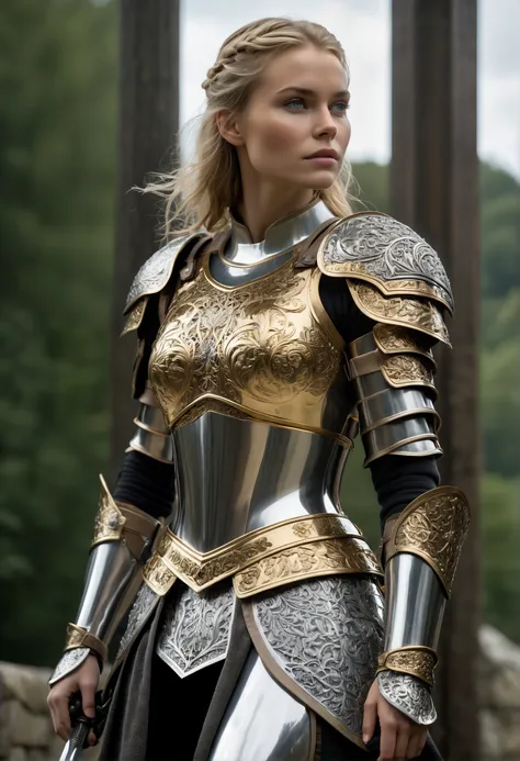 8k, UHD, best quality, highly detailed, cinematic, photographic, armor show,a girl,random fictional girl named Astrid from Denmark,ravishing,hot,well-favored,golden,silver,steel,chest pad,leg pad, hold a legendary long sword,plate skirt, wear metal splint armour ,fullbody armor,reflection,shining,engraving,intricate pattern,highly detailed,holding weapon,