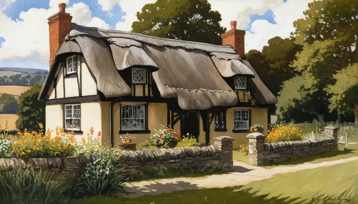 a classic landscape painting of a quaint cottage on the British Countryside in summer , by JC Leyendecker