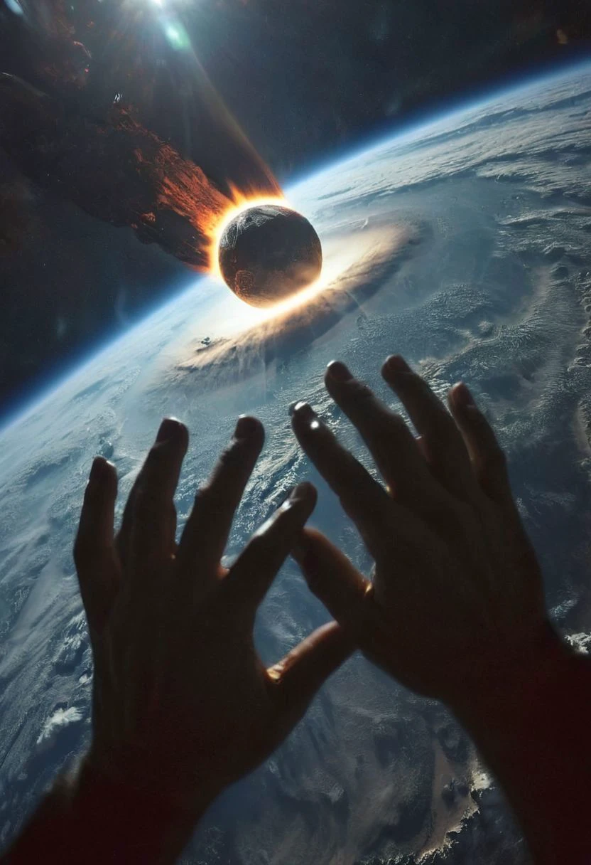 Fpv, First Person View, collision style, seeing your hands at a window to planet earth from outer space, amazing quality, masterpiece, best quality, hyper detailed, ultra detailed, UHD, perfect anatomy, portrait, dof, hyper-realism, majestic, awesome, inspiring, fpv, How fragile our world is: A haunting image captures the delicate balance of existence. Two hands lean against a glass pane, while in its reflection, the faint visage of a woman's shocked expression is discernible. In the backdrop, an asteroid crashes destructively into Earth, as seen from an orbiting space station. A colossal shockwave sweeps across the planet, reminding us of the fragility of our existence and the relentless forces that shape our universe., real, charred and burning eclipse, cinematic, global illumination, dramatic, tearing the sky, atmospheric haze, cinematic composition, soft shadows,