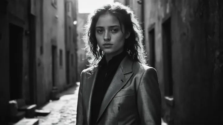 photograph, side lit, Depth of field 100mm, Kodak Tri-X 400, 800mm lens, Sunlight, Hasselblad, Sad, (Girl:1.1) , wearing rogue suit, [Robotic:Fascinating:8], fantasy, epic, back alley in medieval town, sinister, smirk, evil, her hair is Dark, Fujifilm XT3, Moonlit