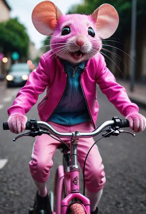 close up photo awesome, Pink mouse ridding a bike, a humanoid posture (best quality, high quality, photograph, hyperrealism, masterpiece, 8k:1.3 trending, rule of thirds, Fujifilm XT3, Canon R5, Fujicolor Fujichrome Velvia 100, wide angle, mystic light, hdr, 8k, full details, best photo award