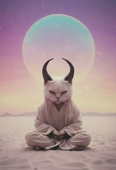 Capturing serenity amidst boundless solitude: a powerful image of a fluffy ninja cat with horned devil mask, draped in flowing feudal garb, large sedge-hat, meditating in lotus position upon an endless, sunless expanse. As she hovers, an aura emanates from her, growing in intensity as it extends beyond her Till it explodes in the far, reminiscent of expanding ripples of sound. The neon hues of her aura paint the air, a vivid testament to her inner strength and focus.
creating a surreal normal scene with translucent white and beige-purple details, colorful (polaroid:0.7) with vibrant colors, (vacations, high resolution:1.3), (small, selective focus, european film:1.2), closeup