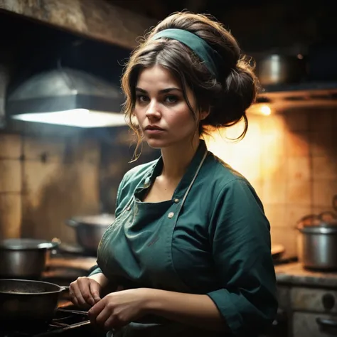 (designed by Alice Pasquini:0.9) , 70s illustration style of a Gloomy thicc traditional Hungarian Female Cook, her hair is Dark, tilt shift, Magic Realism, Embarrassing, Street Art, Dramatic spotlight, Circular polarizer, UHD