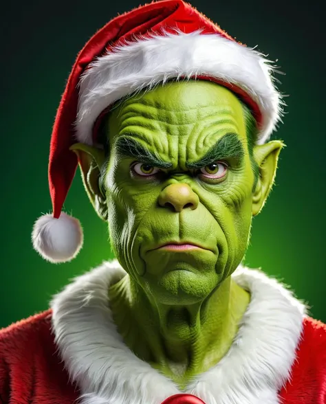 realistic photo of a male grinch, green skin, big eyes, Santa Claus hat, looking grumpy, pointed ears, perfect face, shallow depth of field, photography, high detailed, 64k, <lora:add_detail:1>