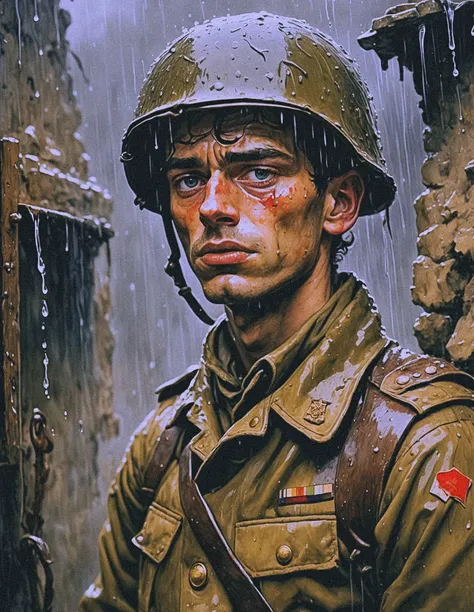 As unyielding rain turns into shimmering medals and handwritten notes, soldiers find shelter in the trenches, their expressions a mix of resilience and nostalgia, their uniforms soaking with both water and memories, Mist, Ladders, Nightmarish, Split-complementary, Shape, Impasto, Reflected light, Scales, Hexagon, Roman, ultra detailed, intricate, oil on canvas, dry brush, surrealism, disturbing, by Egon Schiele