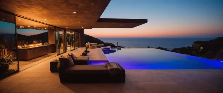 VRBO AirBnB award winning listing, instagram influencer architectural design, party house, infinity swimming pool, travertine tile, natural colors, browns and grays, BOHO styling, Malibu coast in the background, twilight sunset, (purple:0.8) LED lighting, (staged furniture:0.6), professional landscape design, ultra modern, mansion, floor to ceiling windows, natural lighting, masterpiece, wide angle, string lights, magical, five stars! LUX LUT