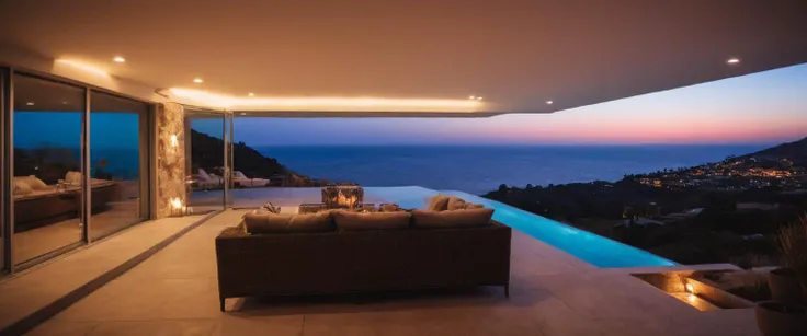 VRBO AirBnB award winning listing, instagram influencer architectural design, party house, infinity swimming pool, travertine tile, natural colors, browns and grays, BOHO styling, Malibu coast in the background, twilight sunset, (purple:0.8) LED lighting, (staged furniture:0.6), professional landscape design, ultra modern, mansion, floor to ceiling windows, natural lighting, masterpiece, wide angle, string lights, magical, five stars! LUX LUT
