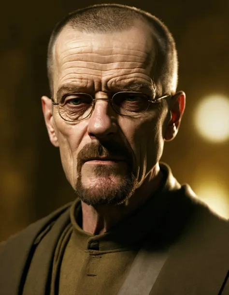 Ultrarealistic Dystopian Greco-Roman Walter White of Peace, Bladesinger, confused, looking around scared , Ektachrome, Romantic, Realism, flat lighting, gilded technique, DOF, bokeh
