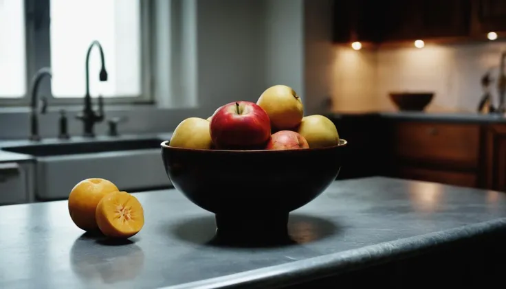 a classic landscape painting of a perfect bowl of fruit sitting on a counter in an upscale elegant kitchen , by Vivian Maier and by Albrecht Drer